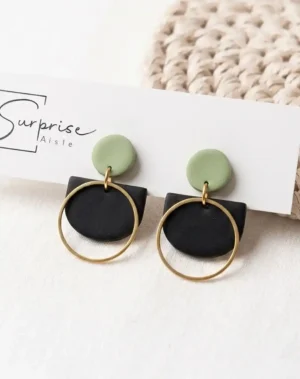 SurpriseAisle_Olive earrings2 Olive Green & Black Polymer Clay Earrings with Gold Hoops